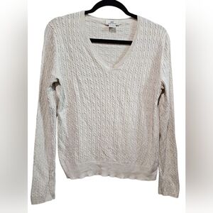 Brooks Brothers Women's V-Neck Silk Cashmere Cream Cable Sweater Size L "1 FLAW"